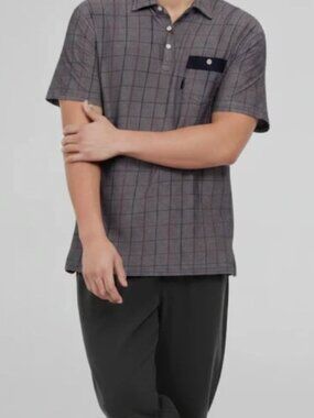 Travis Mathew Gray Windowpane Plaid Polo Navy Pocket Men's XL Slim